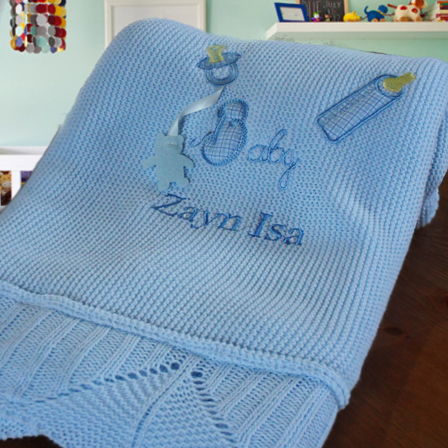 Personalised Baby Shawl Blue Knitted Boys Embroidered Blanket