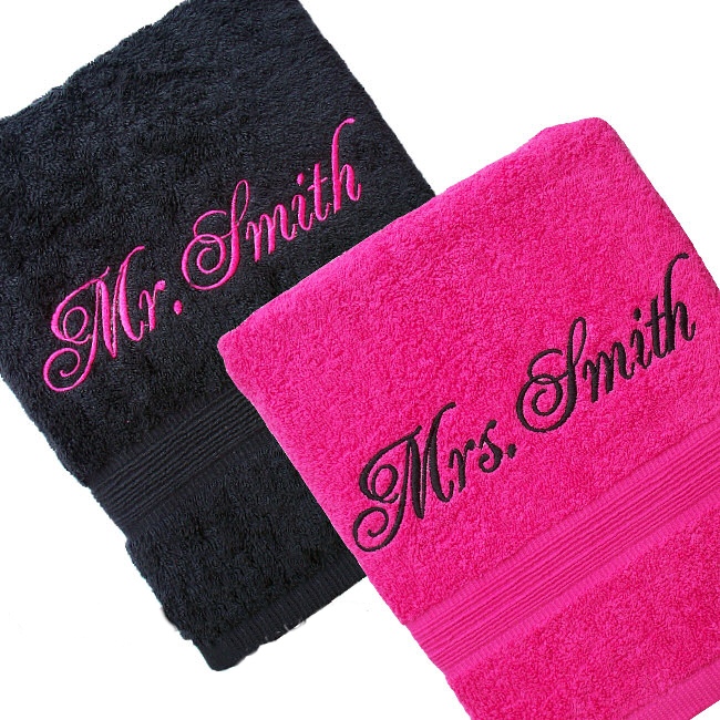Personalised Bath Sheets Set Pink Black His and Hers Towels