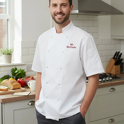 Personalised Chefs Jacket White Short Sleeve Press Stud Chef Jacket