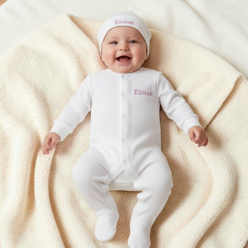 Personalised Babygrow Set White Sleepsuit and Hat Gift