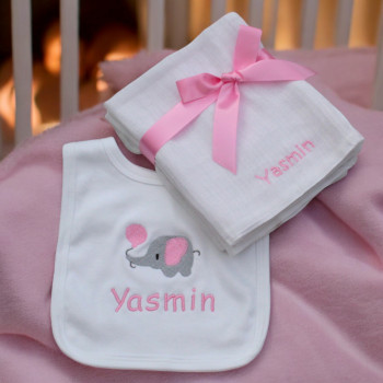 Personalised New Baby Gift Set Muslin Squares and Elephant Bib