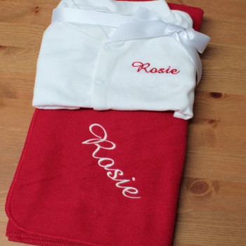 Baby Gift Set Red and White Personalised Blanket and Sleepsuit