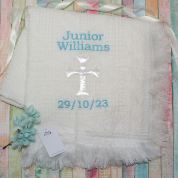 Christening Shawl Personalised Boys White Cross Blanket