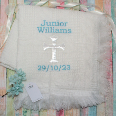 Christening Shawl Personalised Boys White Cross Blanket