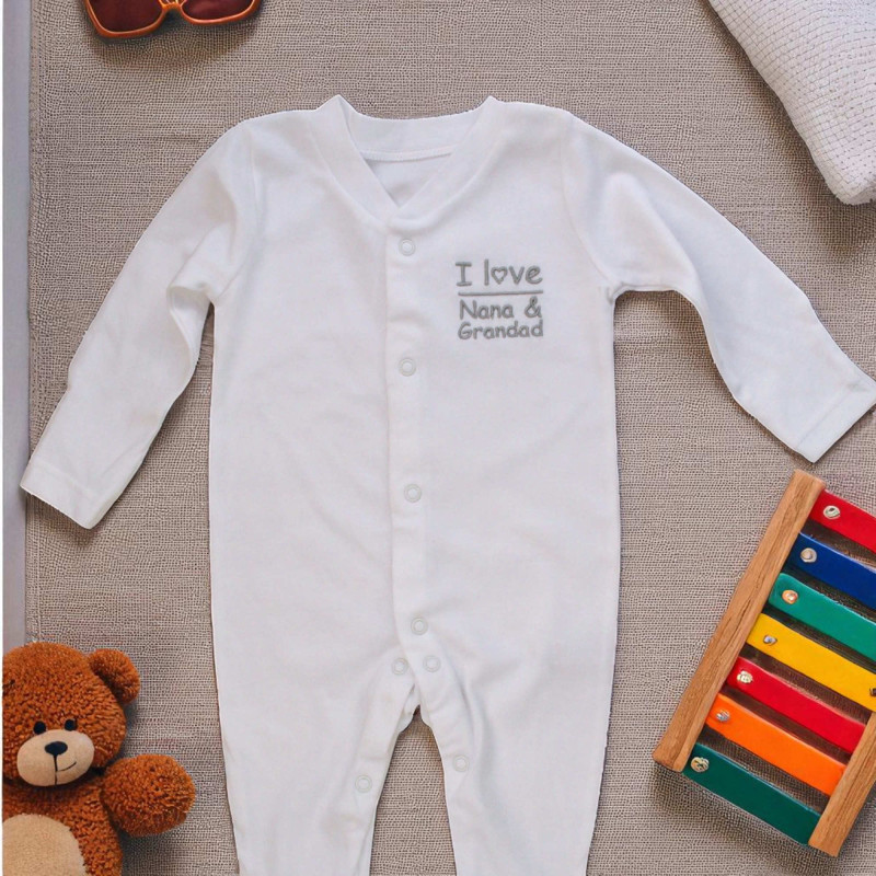 Personalised Cotton Baby Sleepsuit I Love... Embroidered Gift