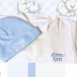 Baby Hat and Sleepsuit Personalised Blue and White Set