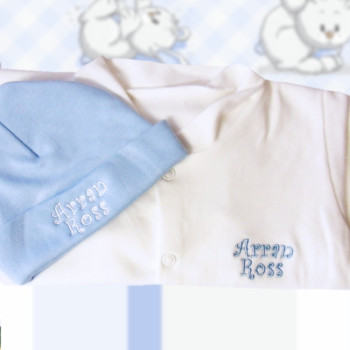 Baby Hat and Sleepsuit Personalised Blue and White Set