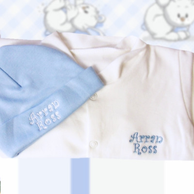 Baby Hat and Sleepsuit Personalised Blue and White Set