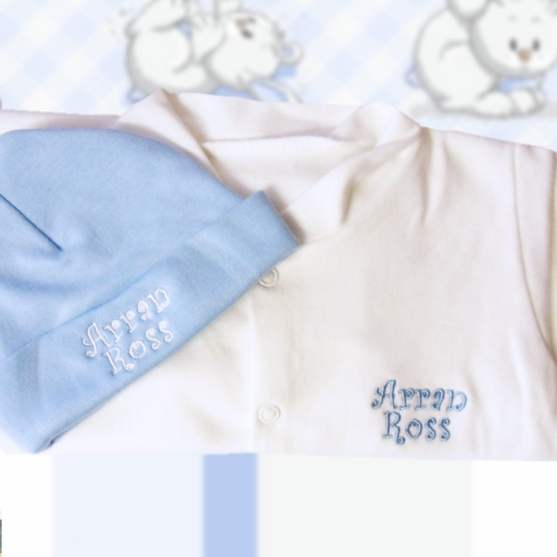 Baby Hat and Sleepsuit Personalised Blue and White Set