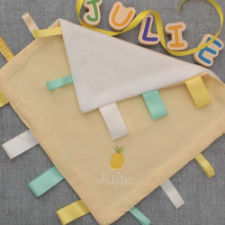 Personalised Baby Comforter Yellow Pinneapple Ribbon Taggy