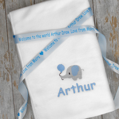 Personalised Elephant Blanket New Baby Boys Gift with Ribbon