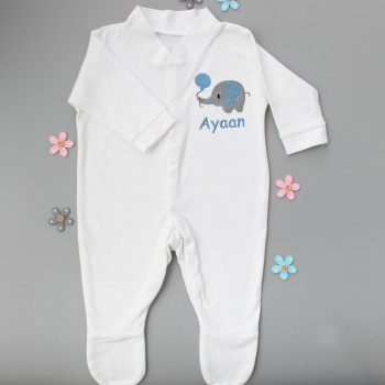 Personalised Baby Boy Sleepsuit Cute Embroidered Elephant Babygrow