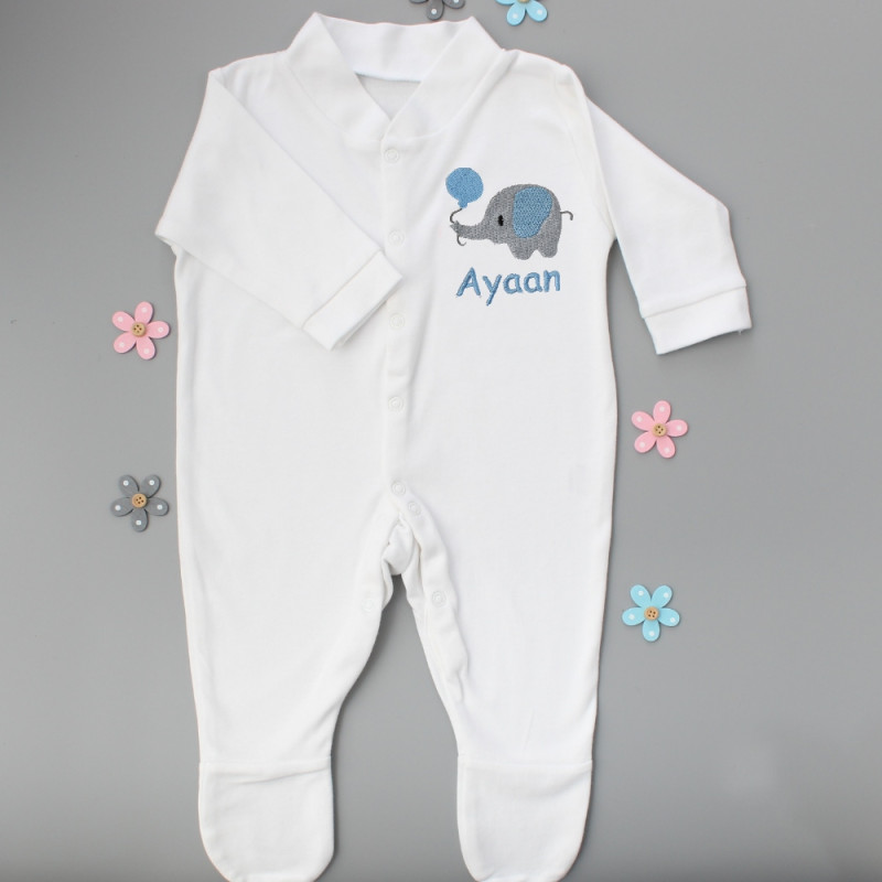 Personalised Baby Boy Sleepsuit Cute Embroidered Elephant Babygrow