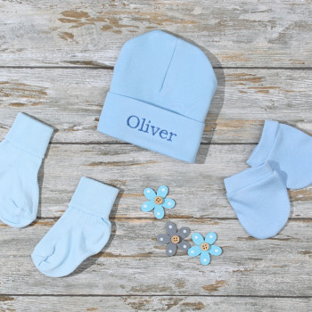 Personalised Baby Hat Set Blue Hat Mitts & Socks Gift