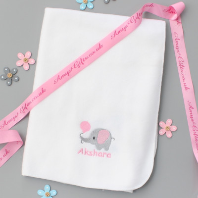 Personalised Elephant Blanket New Baby Girls Gift with Ribbon