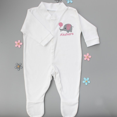 Personalised Baby Girls Sleepsuit Cute Embroidered Elephant Babygrow