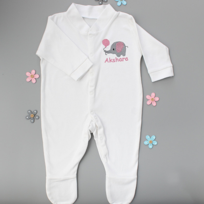 Personalised Baby Girls Sleepsuit Cute Embroidered Elephant Babygrow
