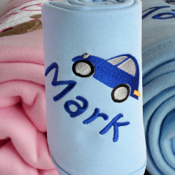 Personalised Blue Baby Blanket Car Embroidered Cotton Wrap