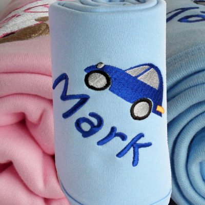 Personalised Blue Baby Blanket Car Embroidered Cotton Wrap