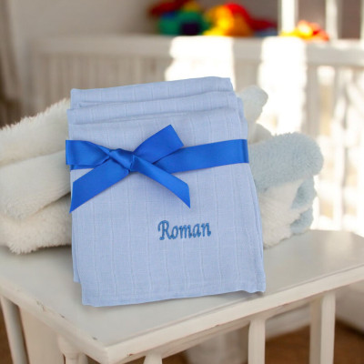 Personalised Muslin Squares Blue Cotton Muslins Gift Set