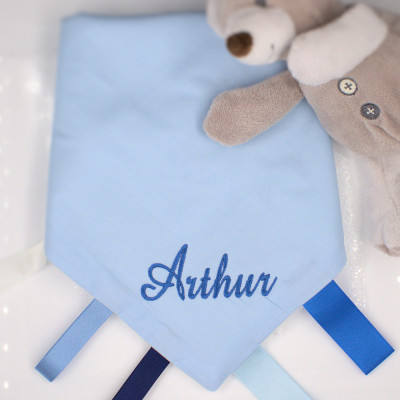 Personalised Baby Comforter Blue Ribbon Taggy Blanket