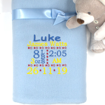 Personalised Baby Blanket Blue Baby Birth Block Gift