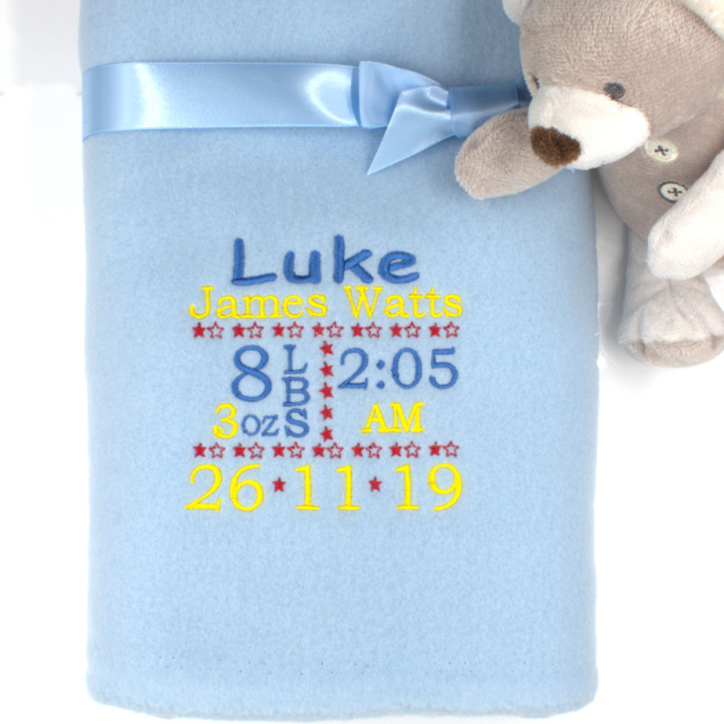 Personalised Baby Blanket Blue Baby Birth Block Gift