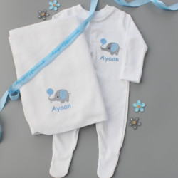 Baby Boys Gift Set Elephant Personalised Sleepsuit Blanket and Ribbon