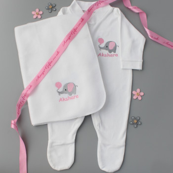 Baby Girls Gift Set Elephant Personalised Sleepsuit Blanket and Ribbon