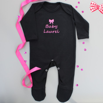 Personalised Black Baby Playsuit Baby Bow Embroidery Longsleeve Bodysuit