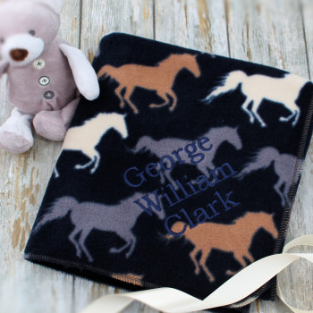 Personalised Pram Baby Fleece Navy Horses Blanket