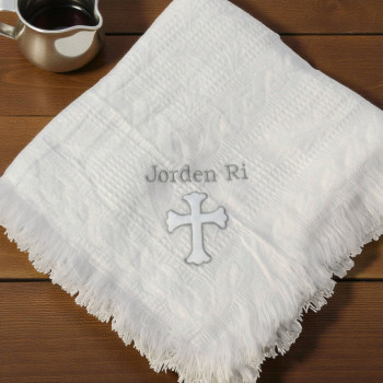 Embroidered Christening Shawl White Cross Baby Blanket