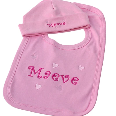 Personalised Bib and Hat Baby Pink Hat and Bib Gift Set - new baby girl pink bib hat gift set