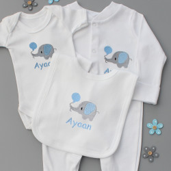 Baby Boy Elephant Gift Set Personalised Sleepsuit Vest and Bib