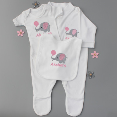 Baby Girls Elephant Gift Set Personalised Sleepsuit Vest and Bib
