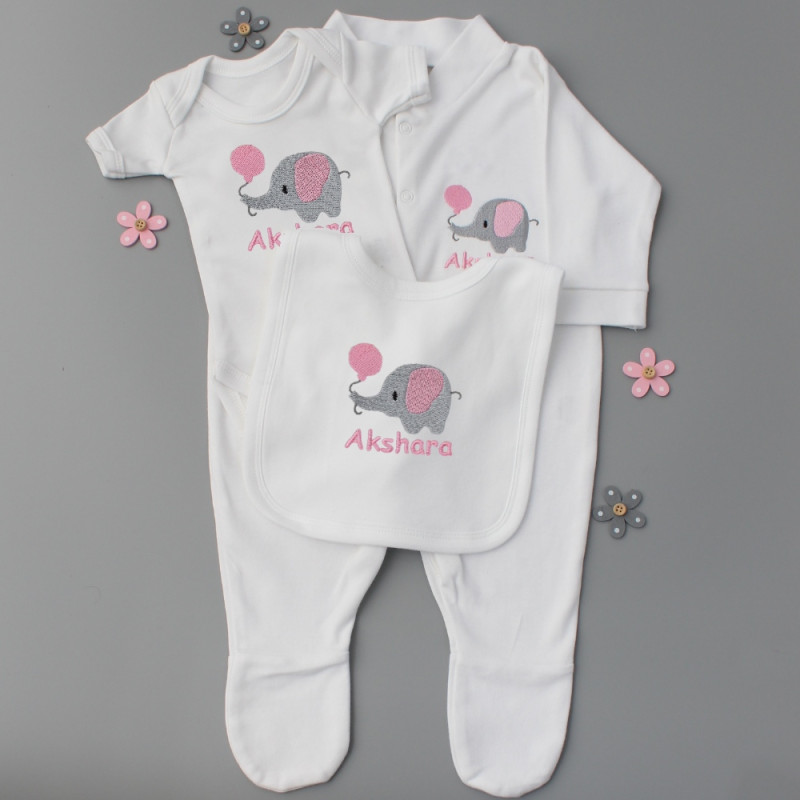 Baby Girls Elephant Gift Set Personalised Sleepsuit Vest and Bib