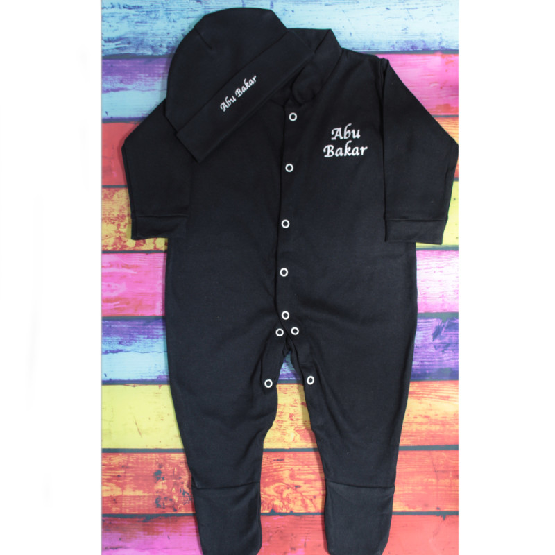 Baby Personalised Gift Black Hat and Sleepsuit