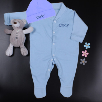 Personalised Baby Gift Blue Sleepsuit and Hat