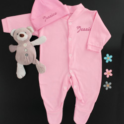 Personalised Baby Gift Pink Sleepsuit and Hat