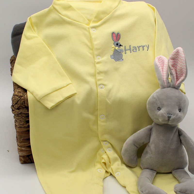 Personalised Yellow Sleepsuit Bunny Rabbit Embroidery Babygrow