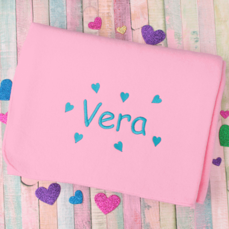 Personalised Pram Fleece Baby Girls Pink Hearts Blanket