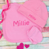 Personalised Baby Hat Set Pink Hat Mitts Bib Gift