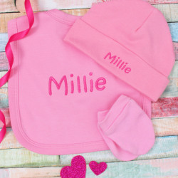 Personalised Baby Hat Set Pink Hat Mitts Bib Gift