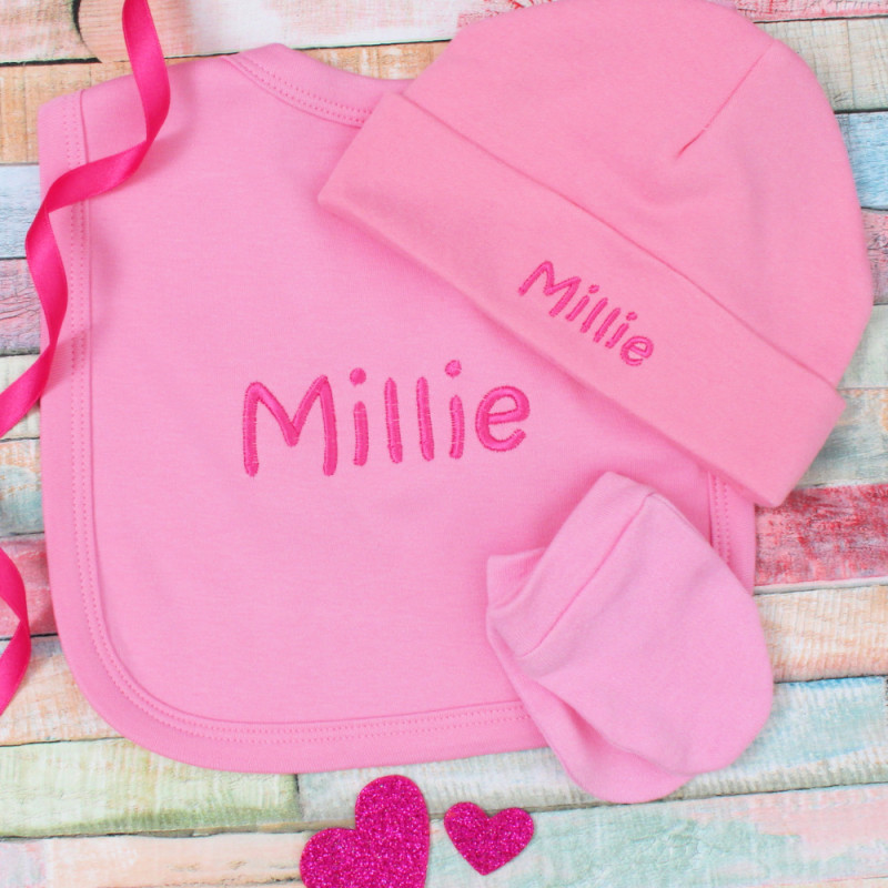 Personalised Baby Hat Set Pink Hat Mitts Bib Gift