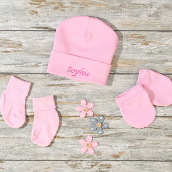 Personalised Baby Hat Set Pink Hat Mitts & Socks Gift