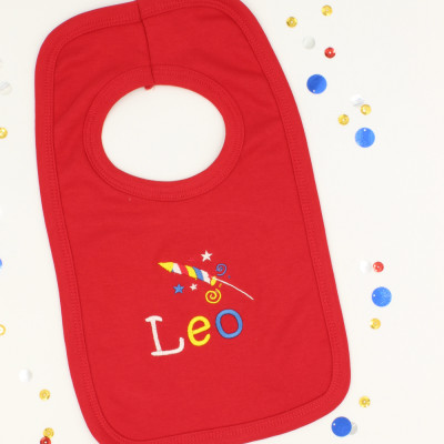 Personalised Baby Bib Red Celebration Rocket Baby Bib