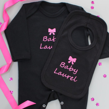 Personalised Baby Sleepsuit Set Bow Embroidered Black Romper and Bib