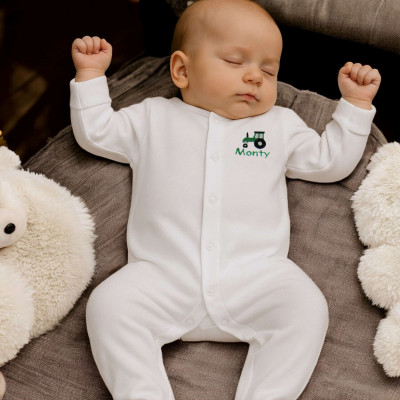Tractor Baby Sleepsuit Embroidered Personalised Baby Grow