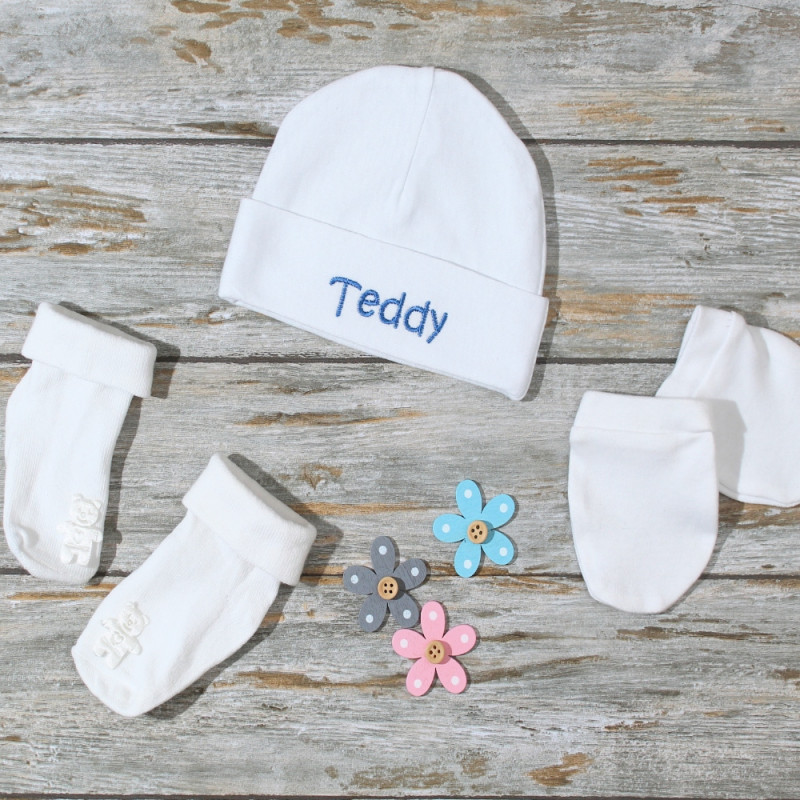 Personalised Baby Hat Set White Hat Socks & Mitts Gift