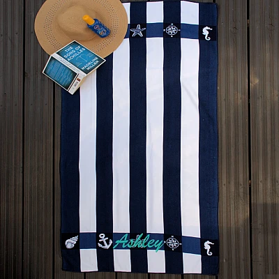 Personalised Navy Stripe Beach Towel – Embroidered Quick Dry Holiday Towel - personalised beach towel navy